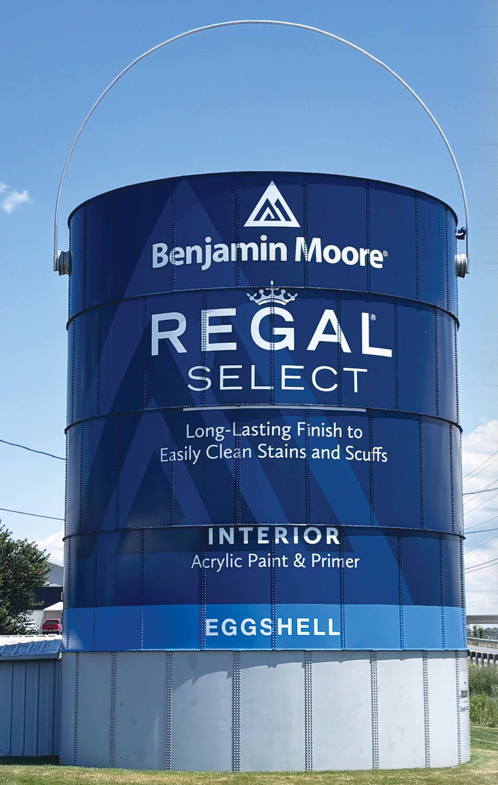 The World's Largest Paint Can, a giant blue Benjamin Moore Regal Select can beside the A & A showroom